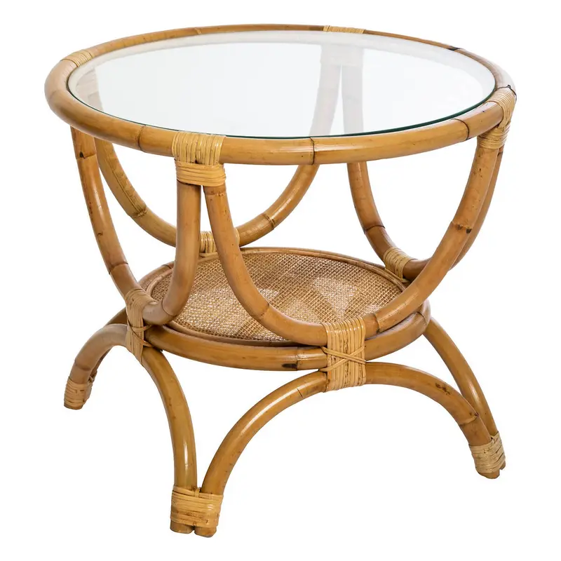 Stolik boczny do kanapy FARAH, rattanowy, szklany blat, Ø 60 cm