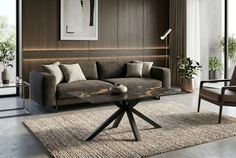 STOLIK KAWOWY DO SALONU 100 CM Z CERAMICZNYM CZARNYM BLATEM / 46902 / INVICTA INTERIOR