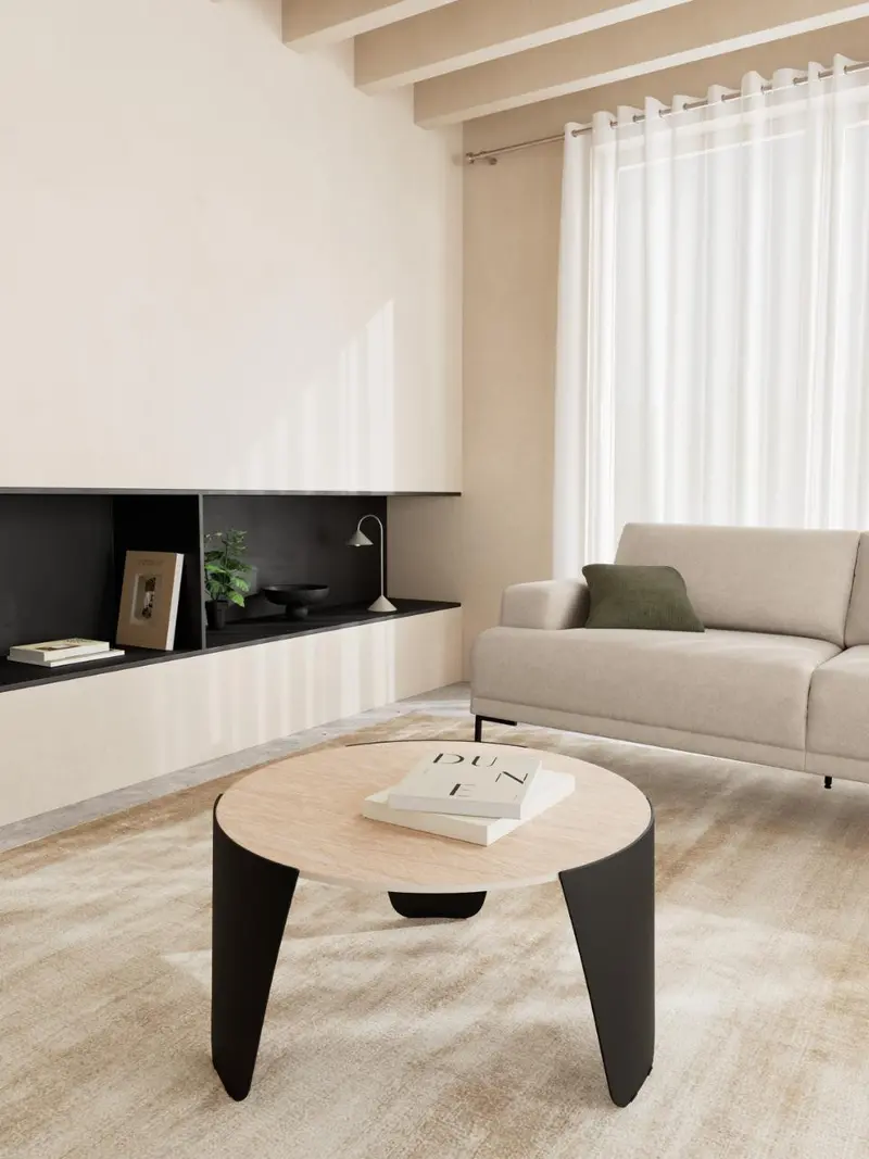 Stolik kawowy okrągły Altea Ø80 cm – blat ceramiczny trawertyn, czarna stalowa podstawa / 24906 / Actona