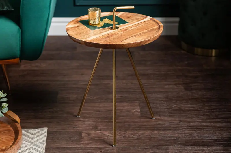 Stolik SimplyClever 41cm Akacja + złoto/ 39502  / INVICTA INTERIOR