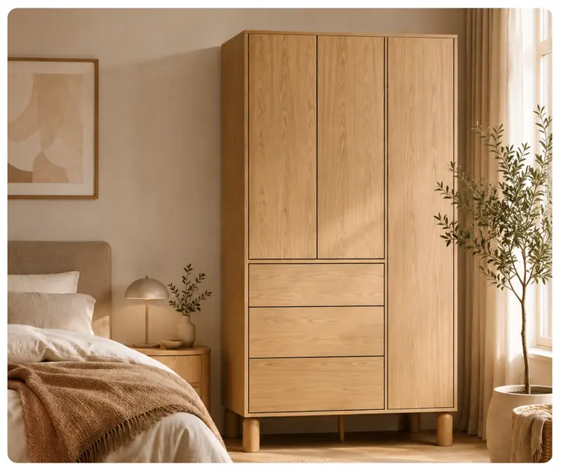 Szafa S-9 dąb bookmatch 110 cm z drążkiem i 3 szufladami