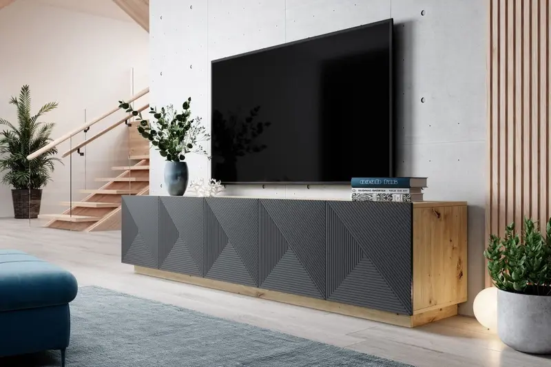 Szafka RTV Asha 200 cm pięciodrzwiowa z ryflowanym frontem - artisan / rivier stone mat