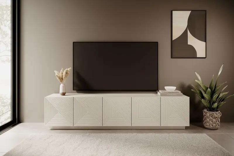 Szafka RTV Asha 200 cm pięciodrzwiowa z ryflowanym frontem - kaszmir