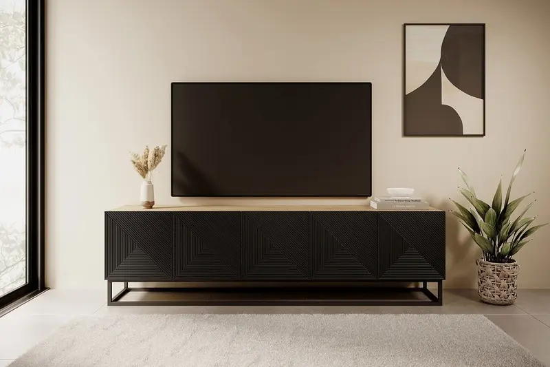 Szafka RTV Asha z ryflowanym frontem i metalowym stelażem 200 cm - artisan / czarny mat
