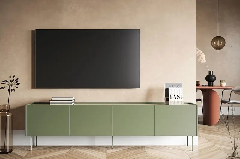 Szafka RTV Desin czterodrzwiowa z metalowymi nogami 220 cm - oliwka / dąb nagano