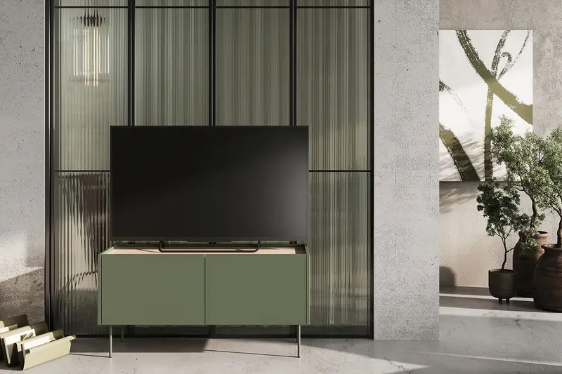 Szafka RTV Desin na metalowych nogach 120 cm - oliwka / dąb nagano