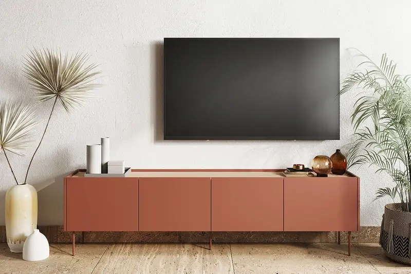 Szafka RTV Desin z 2 ukrytymi szufladami 220 cm - czerwony / ceramic red / dąb nagano