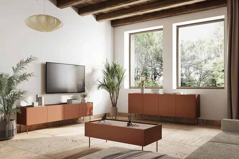 Szafka RTV Desin z ukrytą szufladą na metalowych nogach 220 cm - ceramic red / dąb nagano