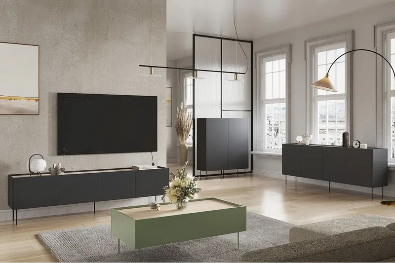 Szafka RTV Desin z ukrytą szufladą na metalowych nogach 220 cm - czarny mat / dąb nagano
