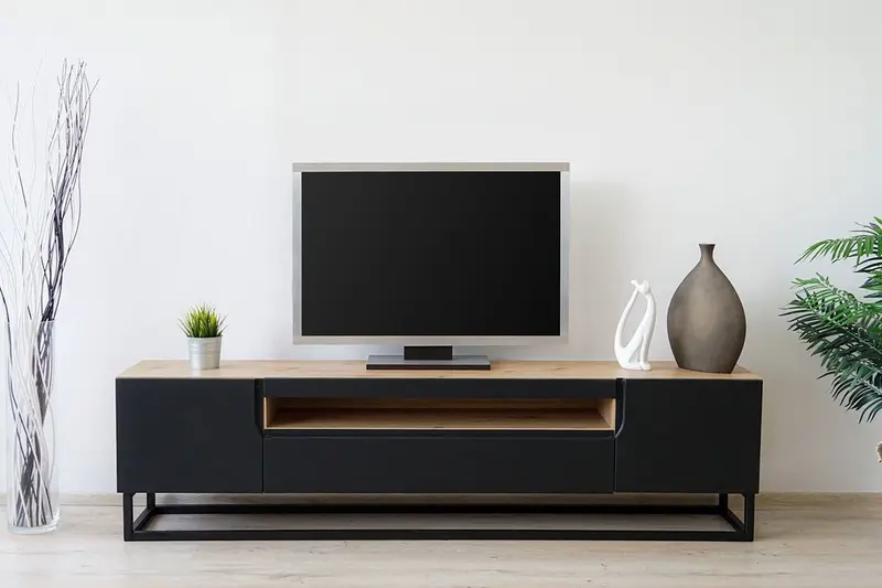Szafka RTV Loftia z wnęką i metalowym stelażem 200 cm - artisan / czarny mat