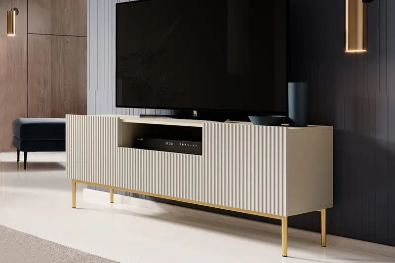 Szafka RTV Nicole z szufladą, wnęką i metalowymi nogami 150 cm - kaszmir / złote nóżki