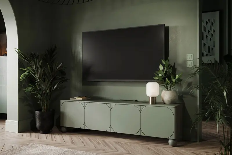 Szafka RTV Sonatia II 200 cm czterodrzwiowa na nogach kulach - oliwka