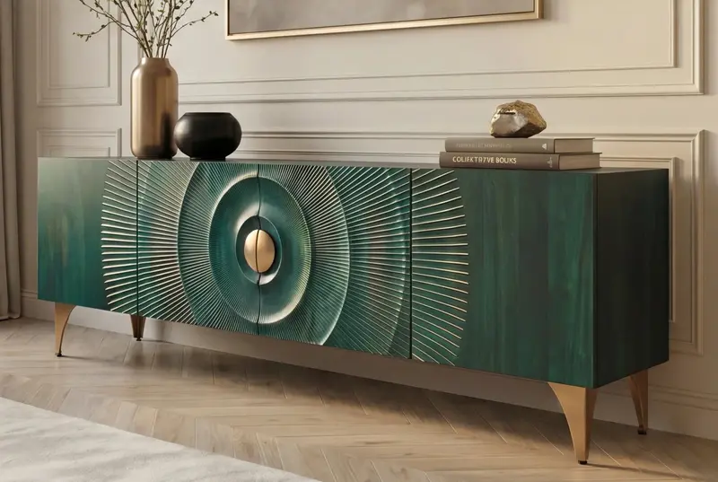 SZAFKA RTV SUNSET TURKUSOWA 180 CM DREWNO MANGO FRONTY 3D / 48525 / INVICTA INTERIOR