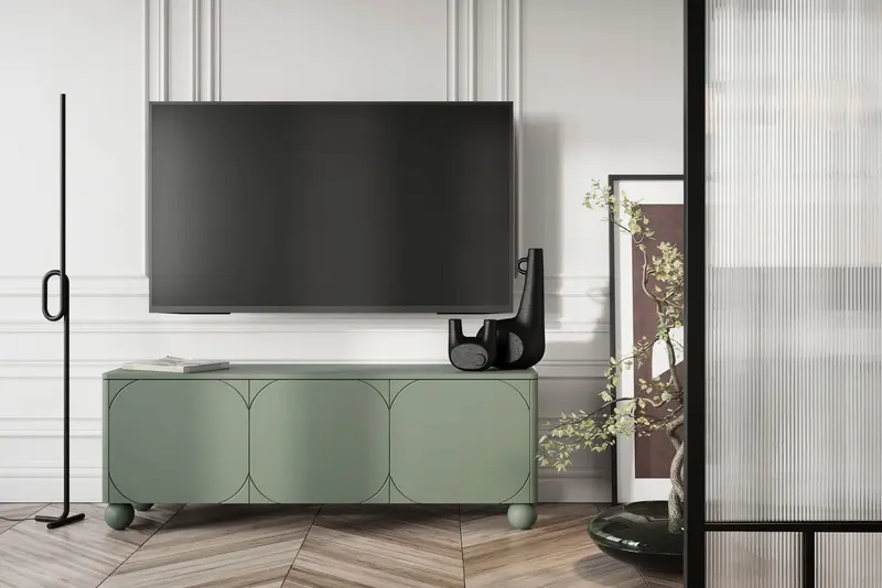Szafka RTV trzydrzwiowa Sonatia II na nogach kulach 150 cm - oliwka