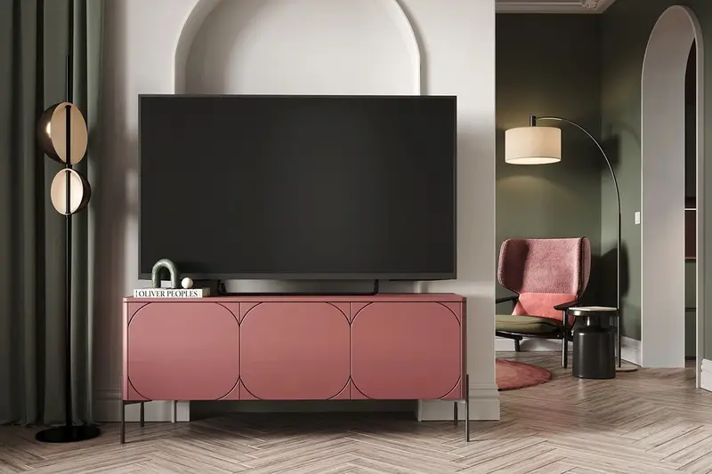 Szafka RTV trzydrzwiowa Sonatia na metalowych nogach 150 cm - burgund