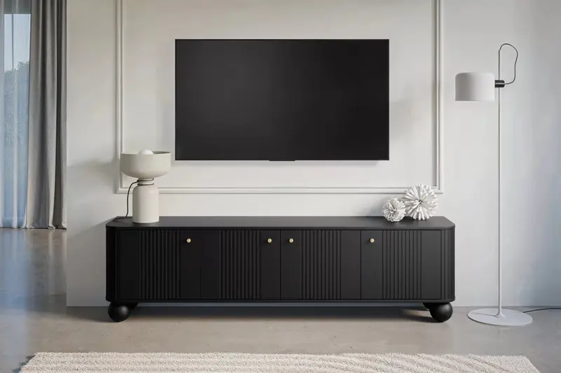 SZAFKA RTV VESPER 187 CM CZARNA / ZŁOTE UCHWYTY / NOGI KULE