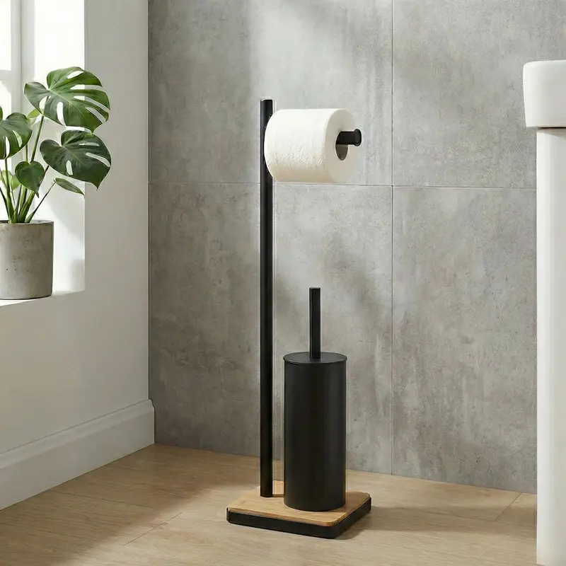 Szczotka do WC z uchwytem na papier toaletowy i bambusową podstawką IVLO, 65 cm
