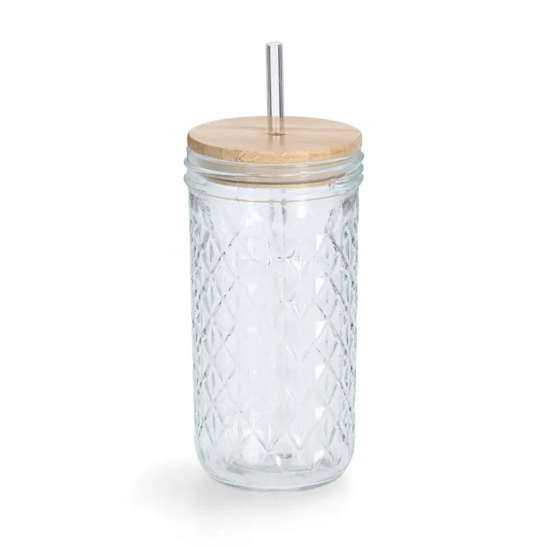 Szklanka z metalową słomką i szczelnym wieczkiem z bambusa, 580 ml