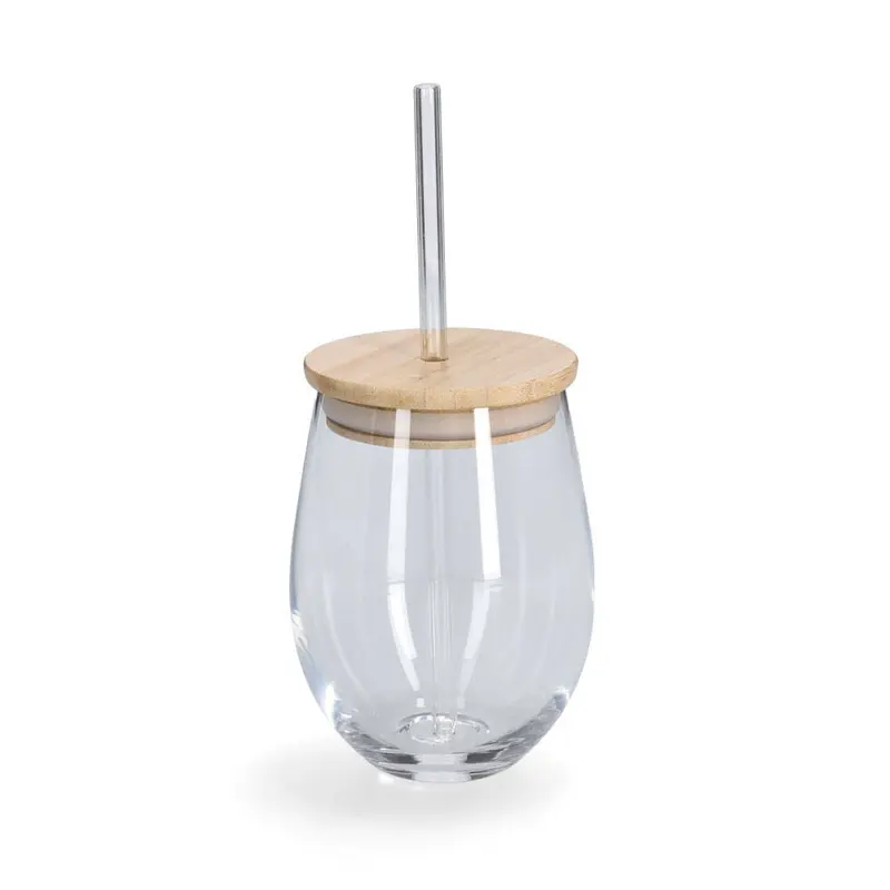 Szklanka ze szklaną słomką i szczelnym wieczkiem z bambusa, 500 ml