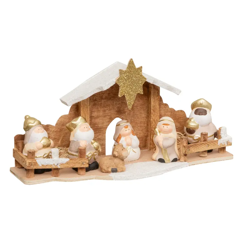 Szopka bożonarodzeniowa + 7 figurek, 33 x 16 cm