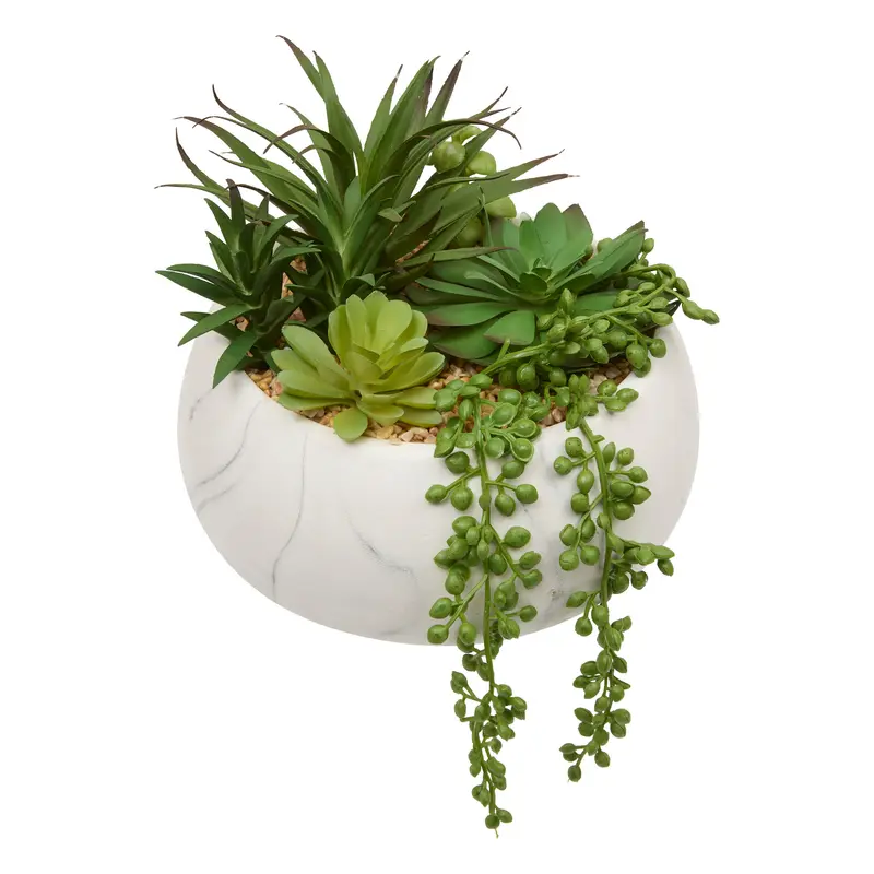 Sztuczne sukulenty w ceramicznej doniczce z marmurowym wzorem, wys. 18 cm