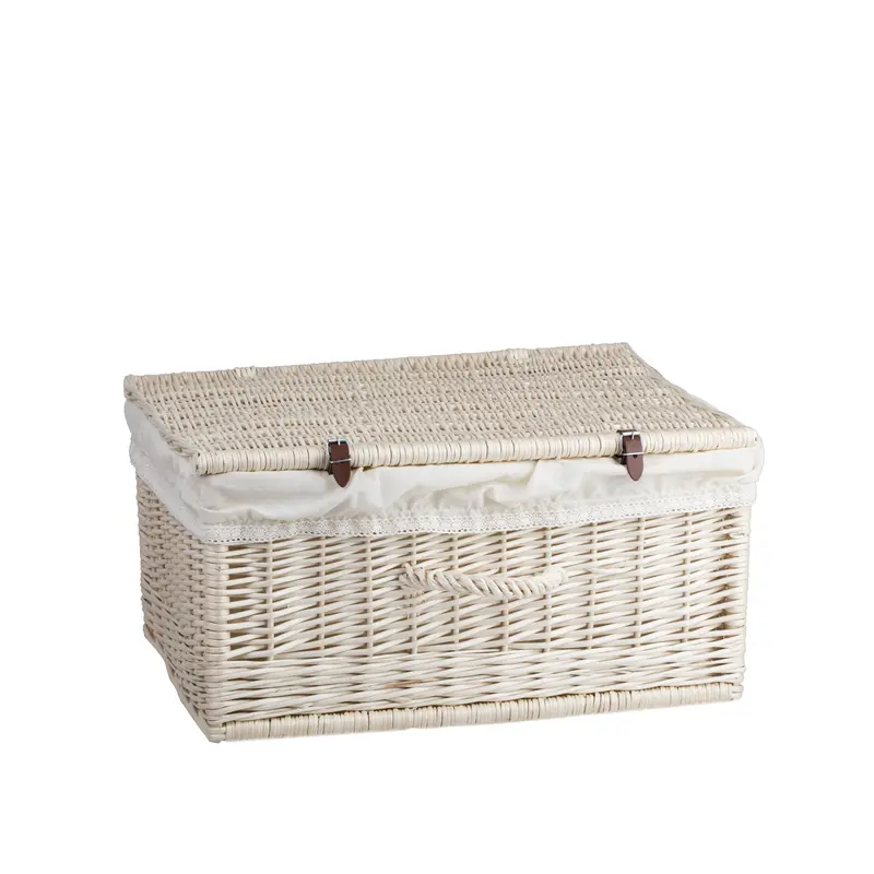 Viviana wicker suitcase with white trim, handle and clasp TheWickerStories