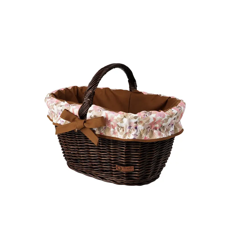 Walerissa wicker shopping basket with brown trim and TheWickerStories handle