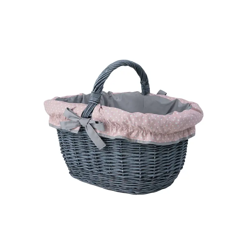 Walerissa wicker shopping basket with gray-pink trim and handle by TheWickerStories