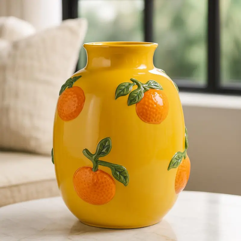 Wazon na kwiaty z pomarańczowym wzorem GORT, Ø 17 x 25 cm, żółty
