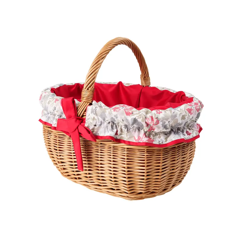 Werburga handmade wicker shopping basket with red trim and handle TheWickerStories