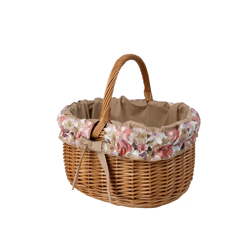 Werburga wicker shopping basket with brown trim and handle by TheWickerStories