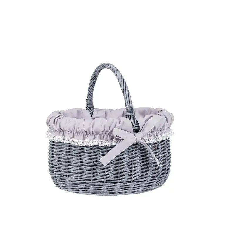 Werburga wicker shopping basket with gray trim and a handle from TheWickerStories