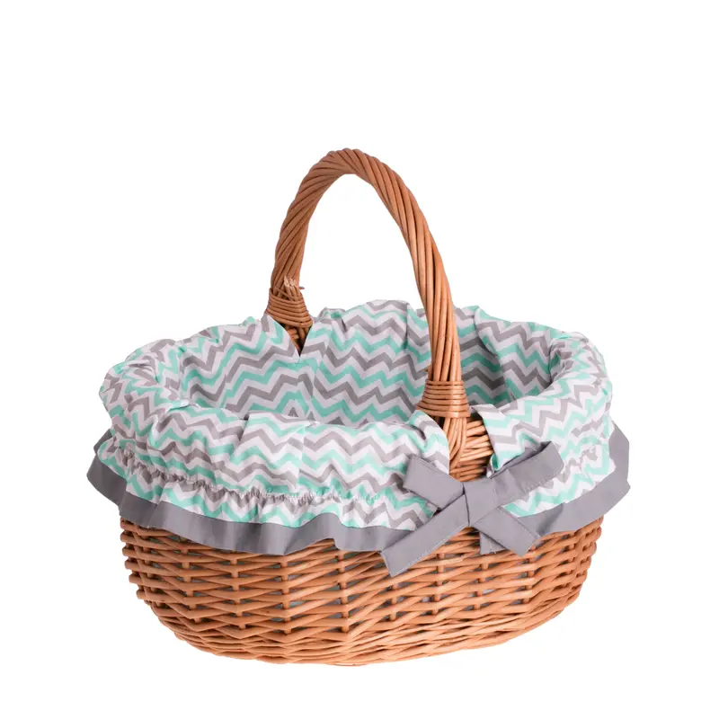 Werburga wicker shopping basket with mint-gray trim and handle TheWickerStories