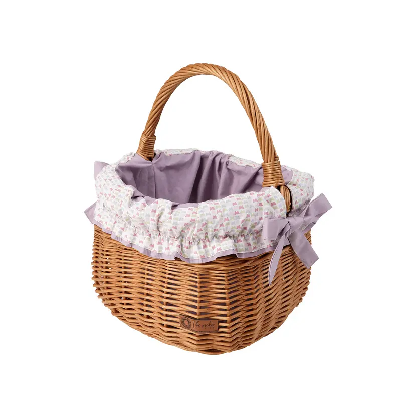 Wictor wicker shopping basket for groceries, picnic-style with purple trim and handle by TheWickerStories