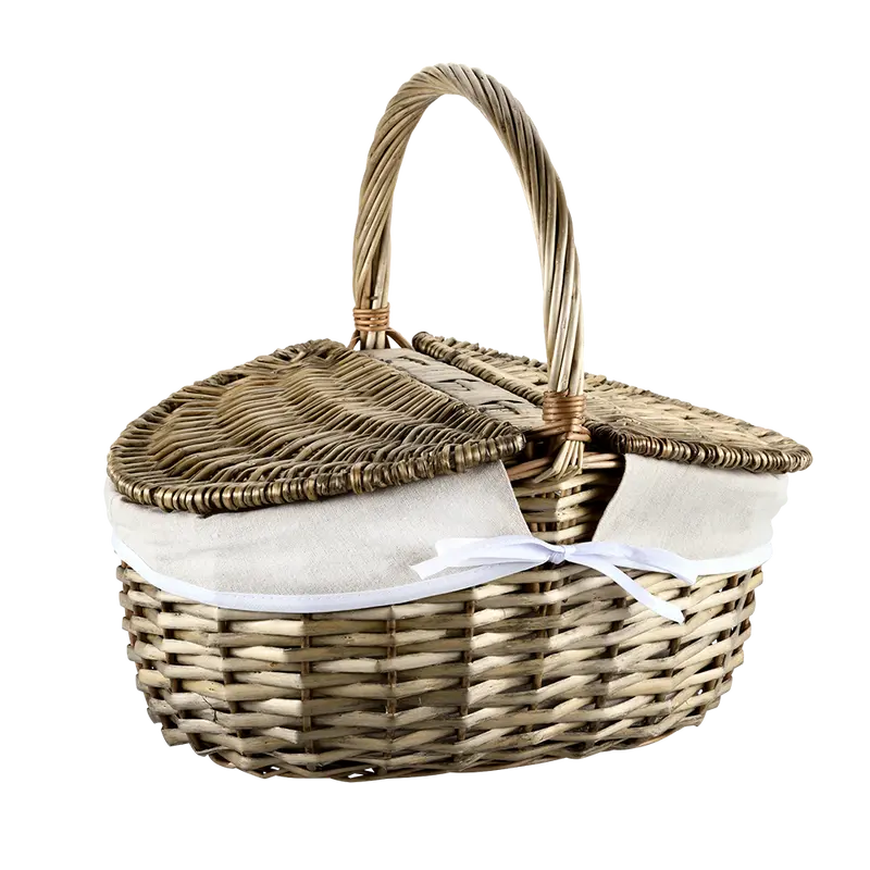 Wiklinowy koszyk piknikowy z pokrywką i materiałową wyściółką, 40 x 28 cm
