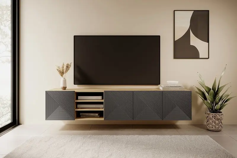 Wisząca szafka RTV Asha z ryflowanym frontem i wnęką 200 cm - artisan / rivier stone mat