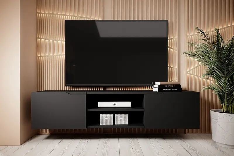 Wisząca szafka RTV Loftia Mini z wnękami 160 cm - czarny / czarny mat