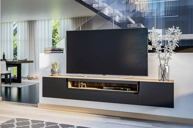 Wisząca szafka RTV Loftia z wnęką 200 cm - artisan / czarny mat