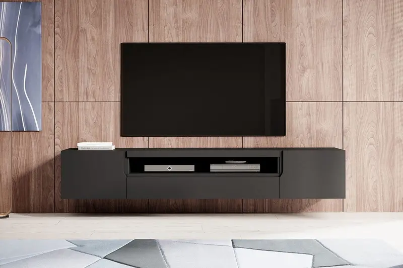 Wisząca szafka RTV Loftia z wnęką 200 cm - czarny / czarny mat