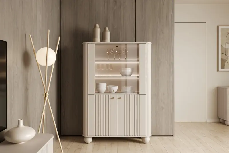 Witryna Vesper do salonu 103 cm kaszmir / złote uchwyty / nogi kule