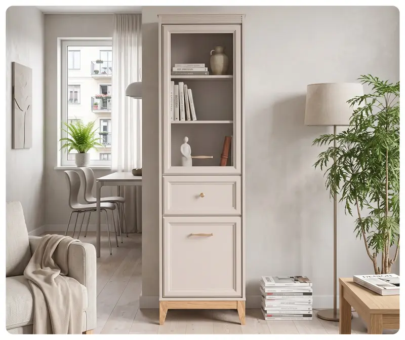 Witryna wąska Windsor 06 kaszmir 55 cm – przeszklona, z szufladą i dębowymi nogami