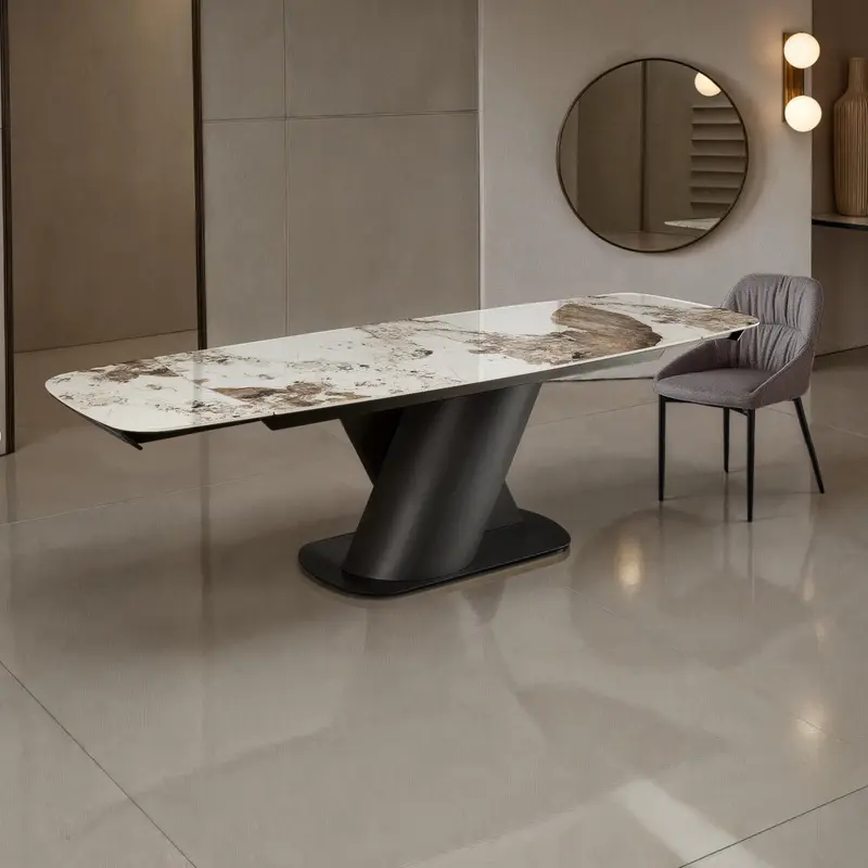 WŁOSKI STÓŁ ROZKŁADANY ONICE 180–260 CM / JASNY BLAT CERAMICZNY / PODSTAWA CZARNA / 6182 / TM