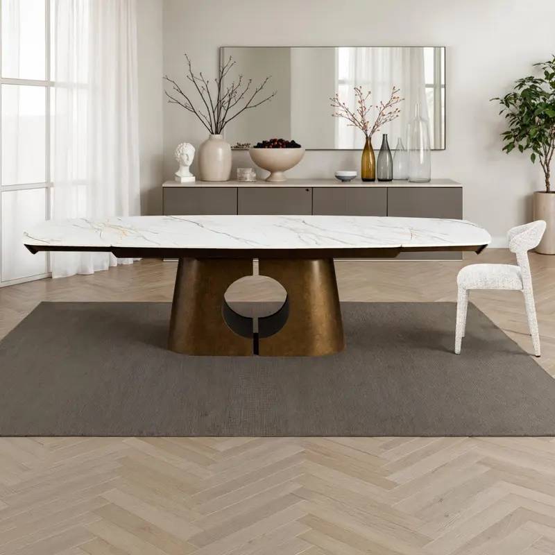 WŁOSKI STÓŁ ROZKŁADANY YATTA 200 (300) CM – CERAMICZNY BLAT OPTYKA MARMUR ONYKS / MIEDZIANA PODSTAWA / 6233 / TM