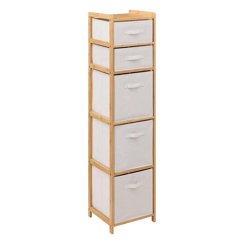 Wysoki regał bambusowy TIDY z 5 materiałowymi koszami, wys. 144,3 cm