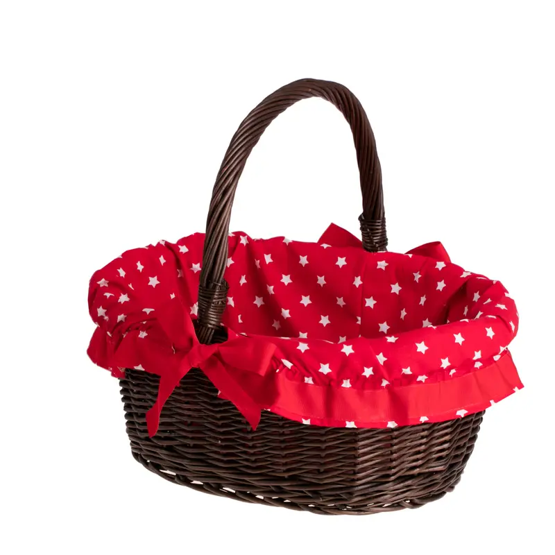 Zelora wicker gift basket with red trim and a handle TheWickerStories