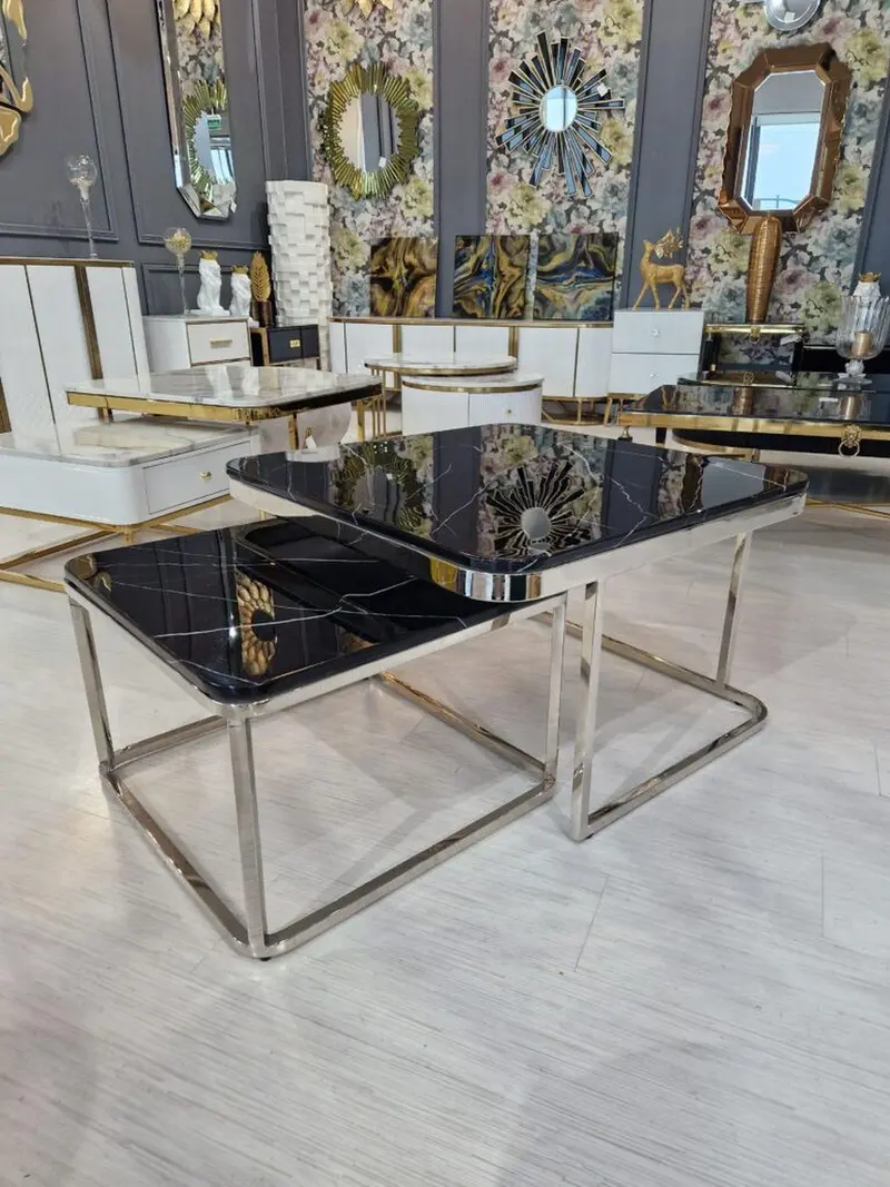 ZESTAW 2 STOLIKÓW KAWOWYCH PORTO SREBRO + CZERŃ / ART