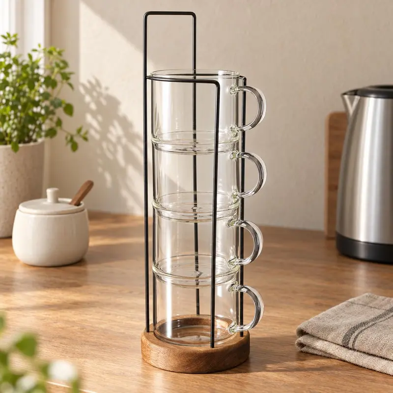 Zestaw 4 szklanek z uchem na stojaku, szkło borokrzemowe, 280 ml