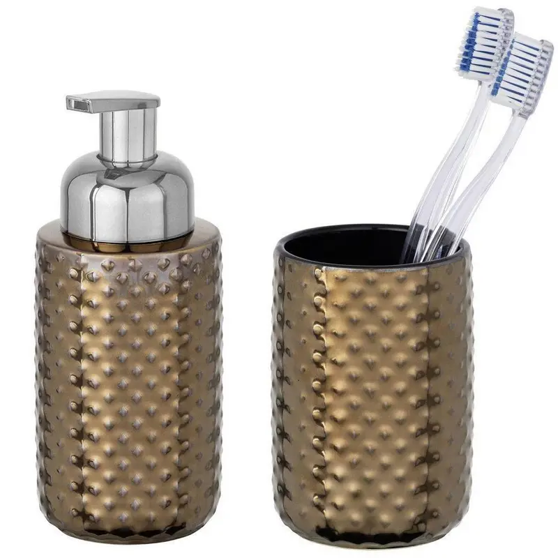 Zestaw akcesoriów łazienkowych, dozownik na mydło 300 ml + kubek, pojemnik na szczoteczki zębów, KEO, ceramika z ozdobną fakturą - WENKO
