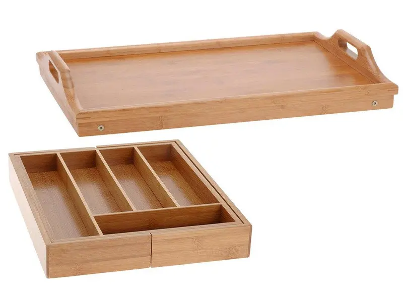 Zestaw bambusowy, rozsuwany pojemnik na sztućce + stolik śniadaniowy 50x30 cm