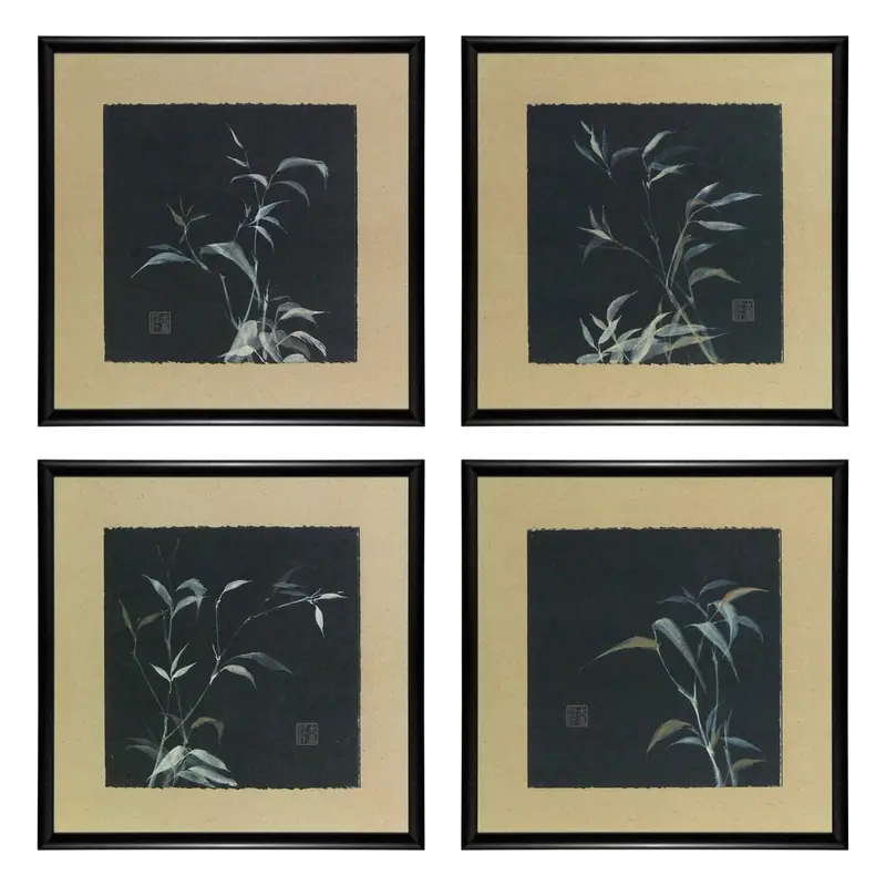 Zestaw czterech obrazów - Bambusowe gałązki na czarnym papierze 35x35 cm